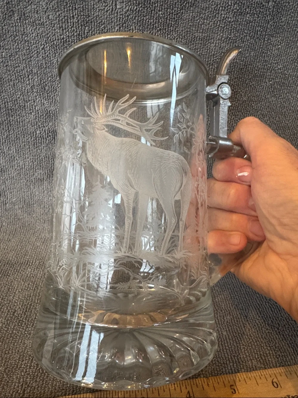 ALWE West Germany Glass Beer Stein Etched Stag Wildlife Design Pewter Lid
